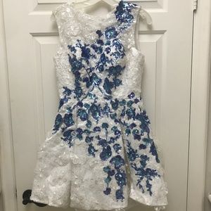 Blue Sequin and white floral semi-formal dress
